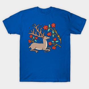 Cute Medieval Stag with Flowers illustration Design T-Shirt